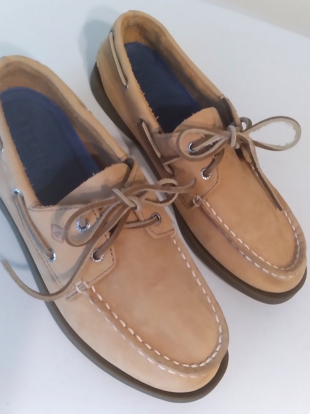 Sperry Tan Leather Boat Shoes Moc Toe Blue Insole Boys 3.5M